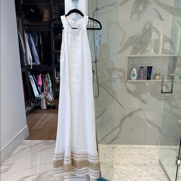 harris cotton Dresses & Skirts - Elegant White Linen Maxi Dress with Gold Accents